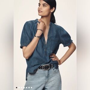 Pilcro Anthropologie Aly Puff-Sleeve Blouse Light Denim V-Neck Size Small